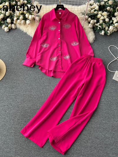 Beading Street naiste komplekt pikkade varrukatega särgi topid ja laia säärega püksid Elegantne dressiülikond, kaheosaline komplekt, dressipluus fitness-varustus