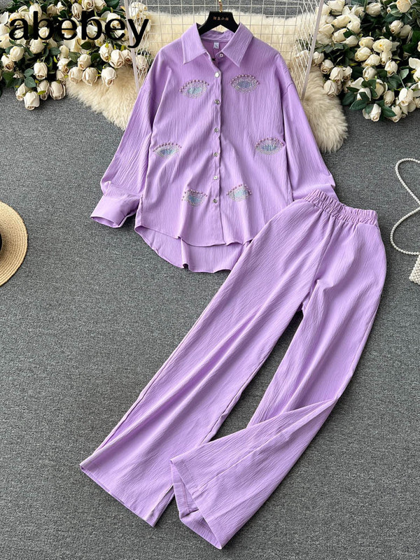 Beading Street naiste komplekt pikkade varrukatega särgi topid ja laia säärega püksid Elegantne dressiülikond, kaheosaline komplekt, dressipluus fitness-varustus