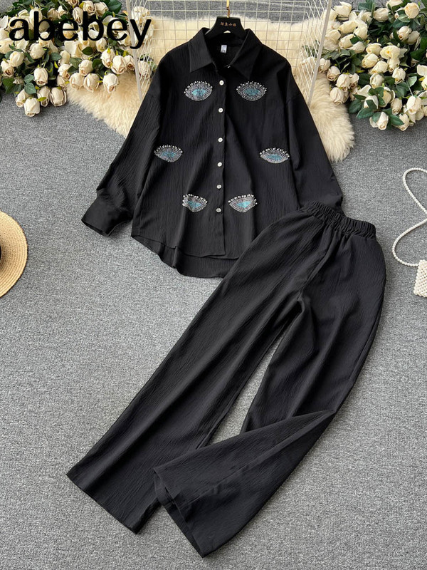 Beading Street naiste komplekt pikkade varrukatega särgi topid ja laia säärega püksid Elegantne dressiülikond, kaheosaline komplekt, dressipluus fitness-varustus