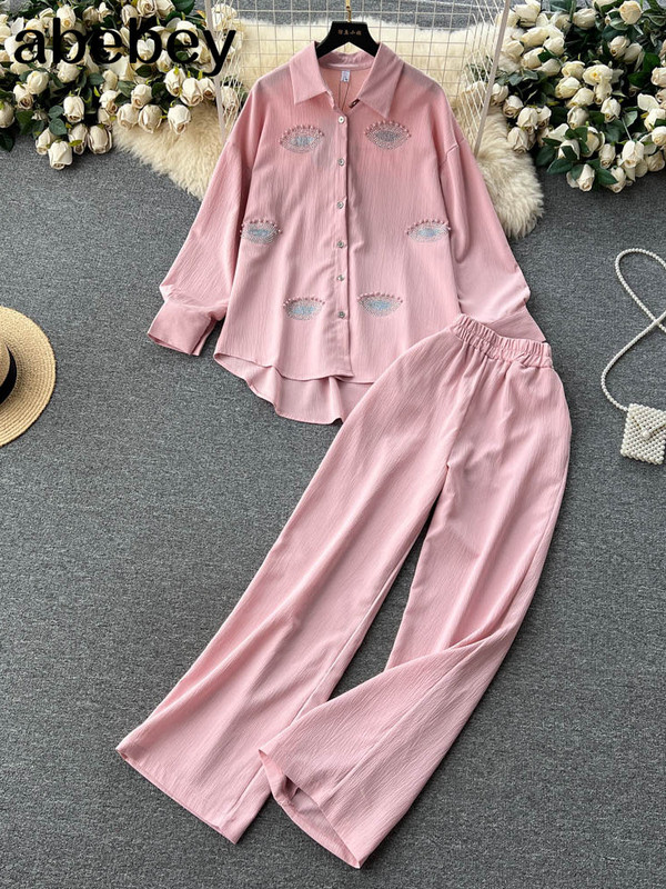 Beading Street naiste komplekt pikkade varrukatega särgi topid ja laia säärega püksid Elegantne dressiülikond, kaheosaline komplekt, dressipluus fitness-varustus