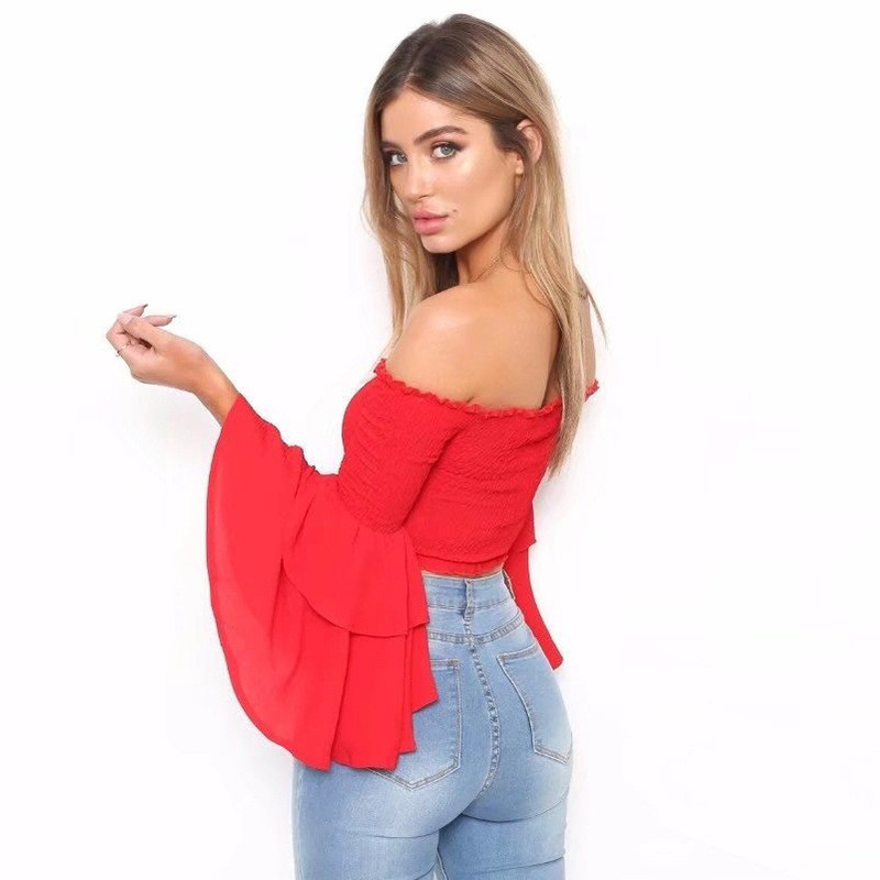 Sexy módny letný top s elastickými rozšírenými rukávmi a krátkymi ramenami na rok 2020, viacfarebný, úzky, dámsky skrátený top