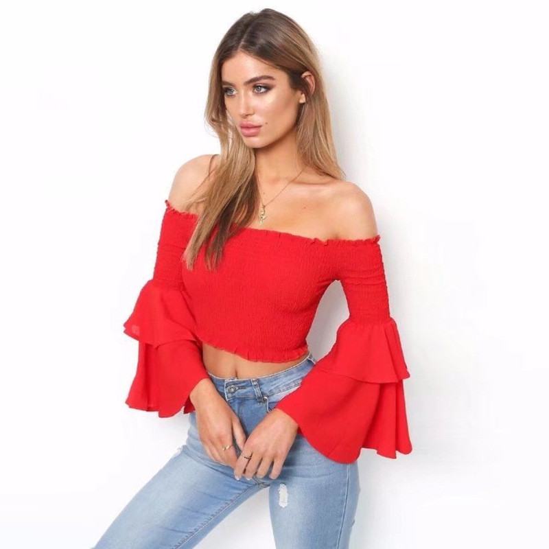 Sexy módny letný top s elastickými rozšírenými rukávmi a krátkymi ramenami na rok 2020, viacfarebný, úzky, dámsky skrátený top