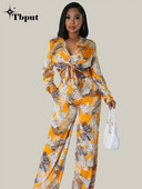 Módne potlačené nohavice dvojdielna súprava pre ženy klopa s dlhým rukávom šnurovacie tričko top voľné nohavice oblek 2023 letné ležérne dámske oblečenie