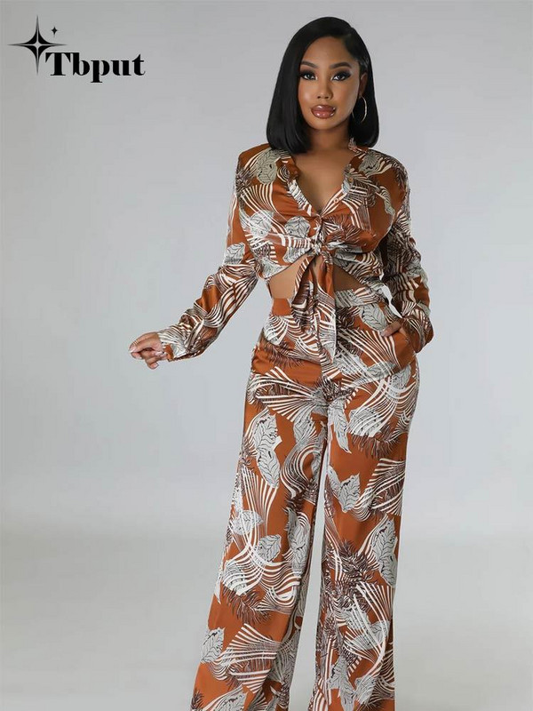 Módne potlačené nohavice dvojdielna súprava pre ženy klopa s dlhým rukávom šnurovacie tričko top voľné nohavice oblek 2023 letné ležérne dámske oblečenie