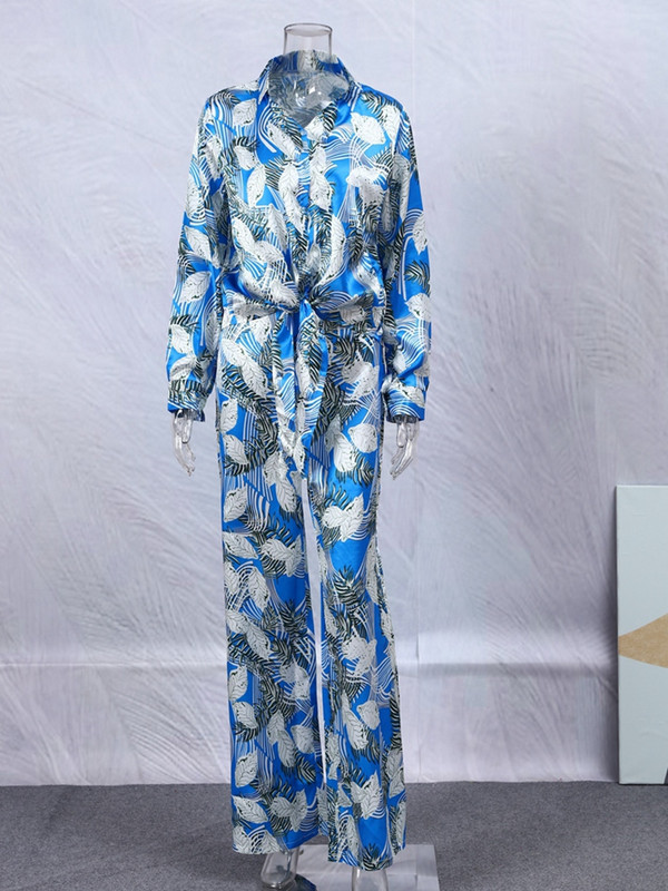 Módne potlačené nohavice dvojdielna súprava pre ženy klopa s dlhým rukávom šnurovacie tričko top voľné nohavice oblek 2023 letné ležérne dámske oblečenie