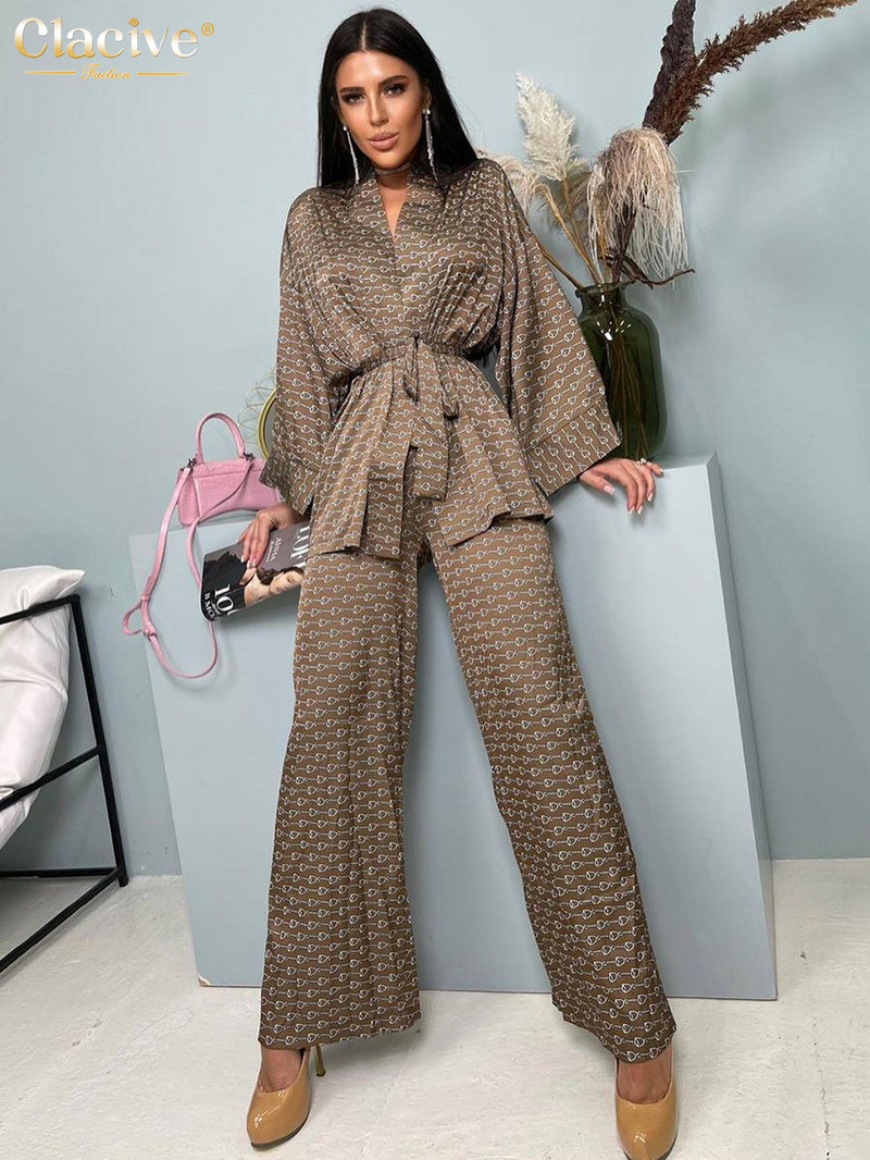 Clacive Casual Print Home Ülikonnad Naistele Moodne vaba kõrge vöökohaga pükstekomplekt Elegantne pitsidega pikkade varrukatega hommikumantlid kaheosaline komplekt naistele