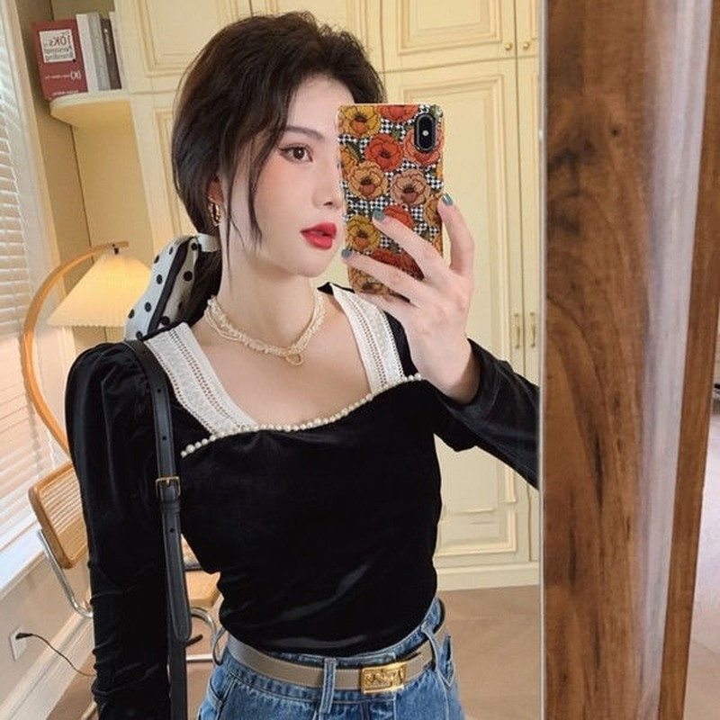 Bluze cu mâneci bufante din mozaic pentru femei, guler pătrat, stil coreean, subțire, casual, la modă, șic, elegantă, din dantelă, cămăși retro de înaltă calitate