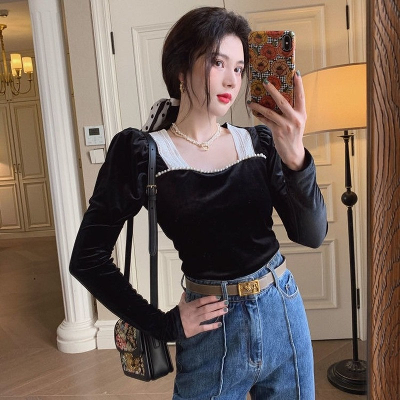 Bluze cu mâneci bufante din mozaic pentru femei, guler pătrat, stil coreean, subțire, casual, la modă, șic, elegantă, din dantelă, cămăși retro de înaltă calitate