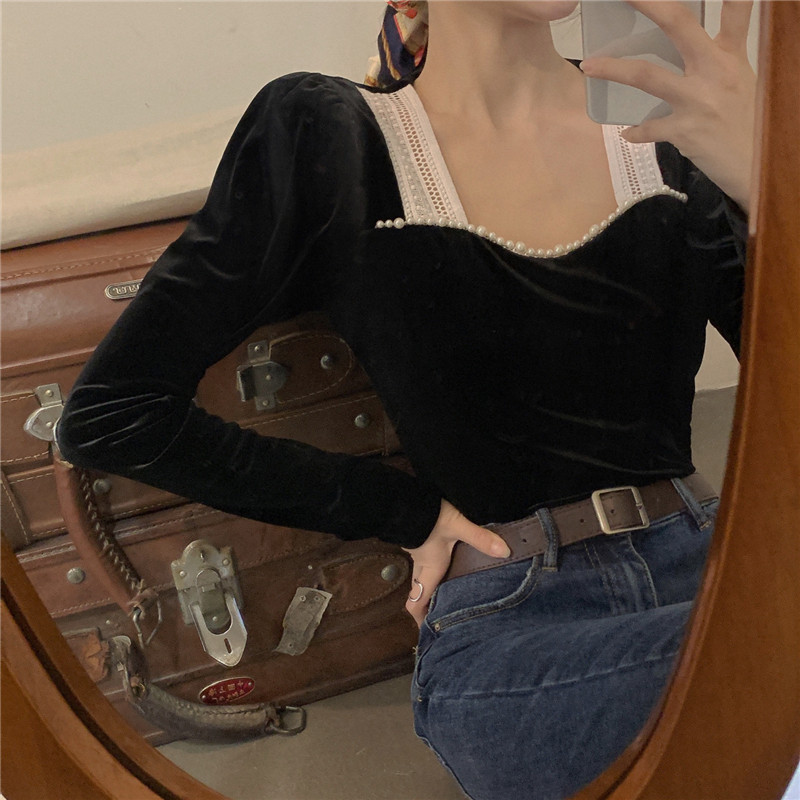 Bluze cu mâneci bufante din mozaic pentru femei, guler pătrat, stil coreean, subțire, casual, la modă, șic, elegantă, din dantelă, cămăși retro de înaltă calitate