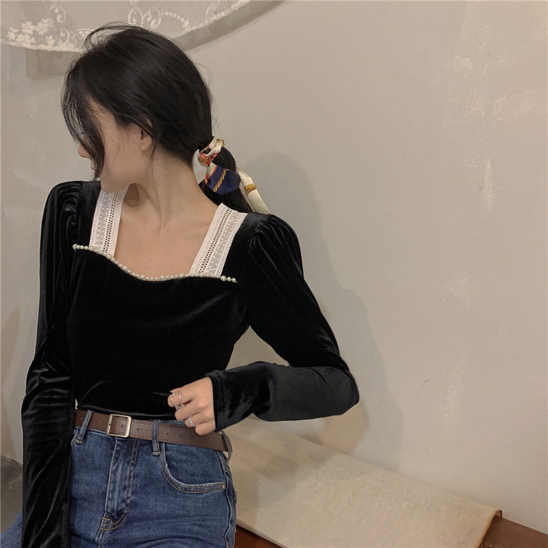 Bluze cu mâneci bufante din mozaic pentru femei, guler pătrat, stil coreean, subțire, casual, la modă, șic, elegantă, din dantelă, cămăși retro de înaltă calitate