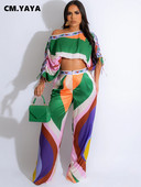 Dámska súprava CM.YAYA s potlačou, blúzkou s odhalenými ramenami a rukávmi s netopierím krídelkom a nohavicami so širokými nohavicami, elegantným dvojdielnym setom 2023