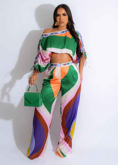 Dámska súprava CM.YAYA s potlačou, blúzkou s odhalenými ramenami a rukávmi s netopierím krídelkom a nohavicami so širokými nohavicami, elegantným dvojdielnym setom 2023