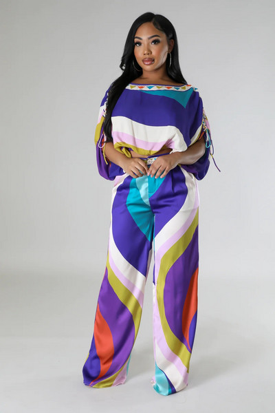 Dámska súprava CM.YAYA s potlačou, blúzkou s odhalenými ramenami a rukávmi s netopierím krídelkom a nohavicami so širokými nohavicami, elegantným dvojdielnym setom 2023