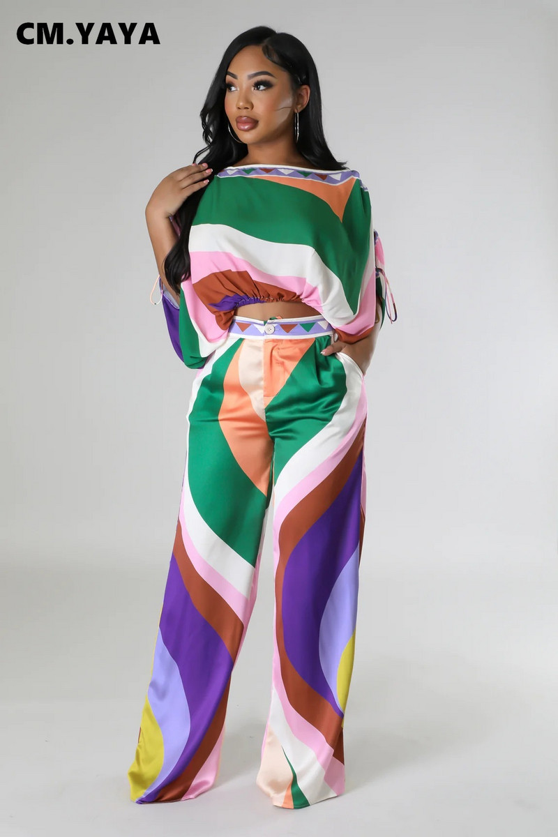 Dámska súprava CM.YAYA s potlačou, blúzkou s odhalenými ramenami a rukávmi s netopierím krídelkom a nohavicami so širokými nohavicami, elegantným dvojdielnym setom 2023