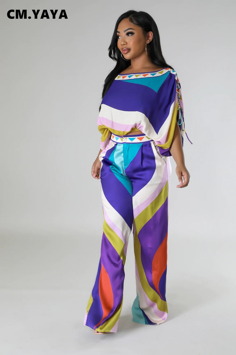 Dámska súprava CM.YAYA s potlačou, blúzkou s odhalenými ramenami a rukávmi s netopierím krídelkom a nohavicami so širokými nohavicami, elegantným dvojdielnym setom 2023
