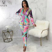 VAZN 2023 Cămașă cu mânecă lungă cu rever, pantaloni lungi elastici, set de 2 piese pentru damă, imprimate pentru damă