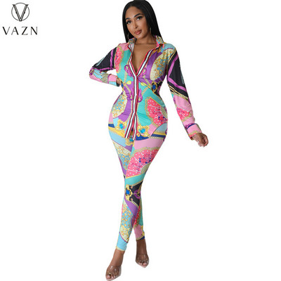 VAZN 2023 Cămașă cu mânecă lungă cu rever, pantaloni lungi elastici, set de 2 piese pentru damă, imprimate pentru damă