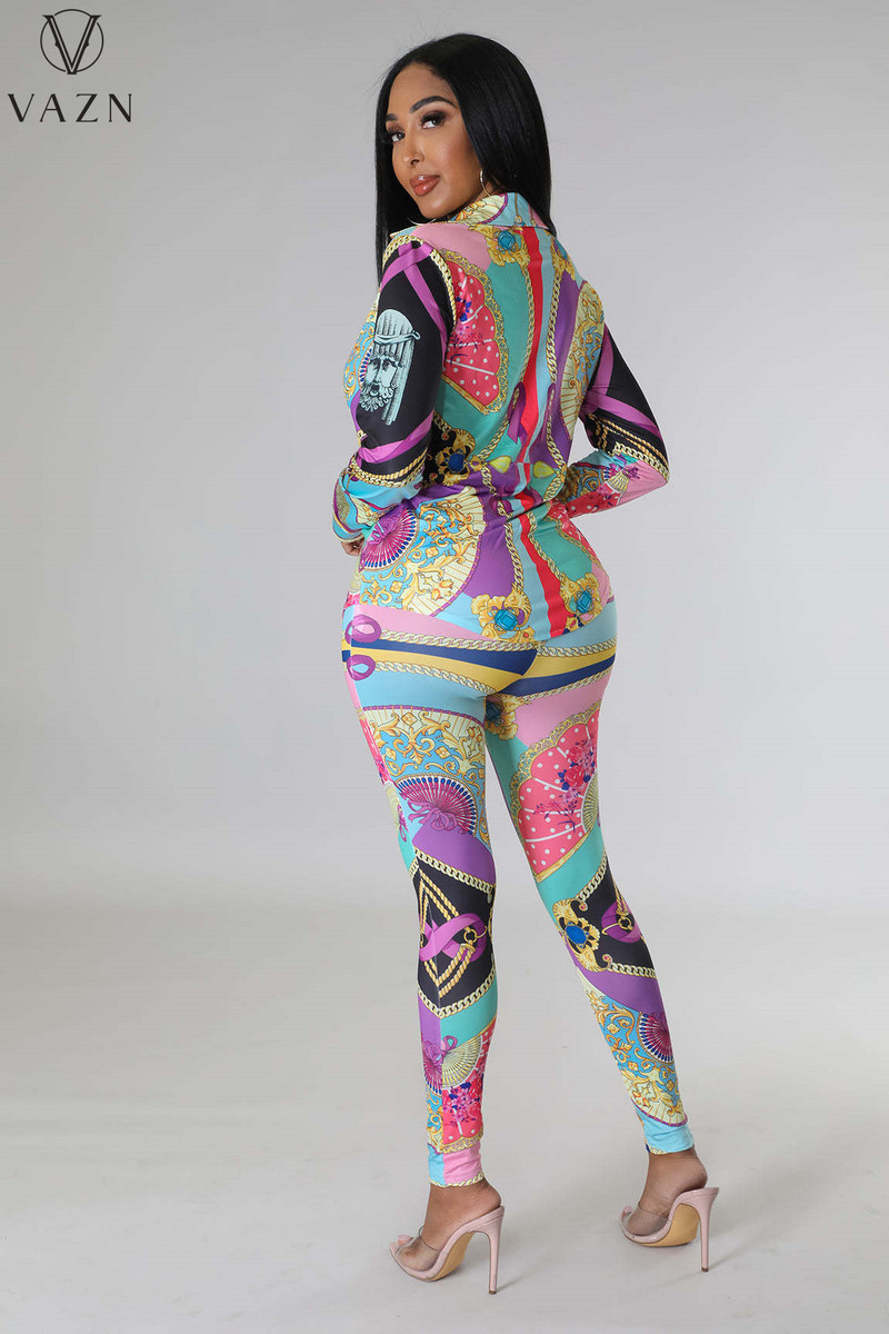 VAZN 2023 Cămașă cu mânecă lungă cu rever, pantaloni lungi elastici, set de 2 piese pentru damă, imprimate pentru damă