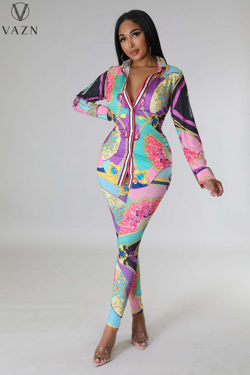 VAZN 2023 Cămașă cu mânecă lungă cu rever, pantaloni lungi elastici, set de 2 piese pentru damă, imprimate pentru damă