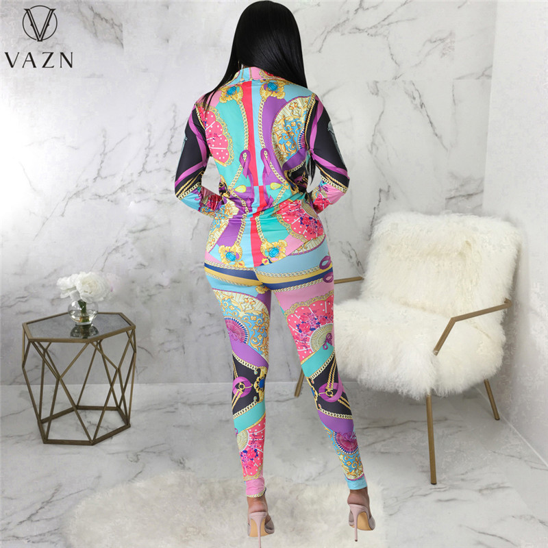 VAZN 2023 Cămașă cu mânecă lungă cu rever, pantaloni lungi elastici, set de 2 piese pentru damă, imprimate pentru damă