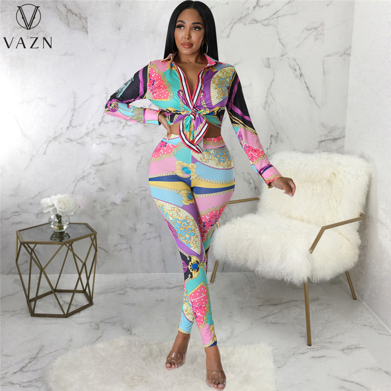 VAZN 2023 Cămașă cu mânecă lungă cu rever, pantaloni lungi elastici, set de 2 piese pentru damă, imprimate pentru damă