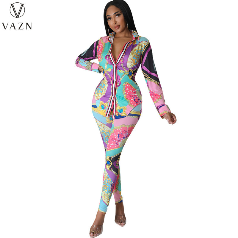 VAZN 2023 Cămașă cu mânecă lungă cu rever, pantaloni lungi elastici, set de 2 piese pentru damă, imprimate pentru damă