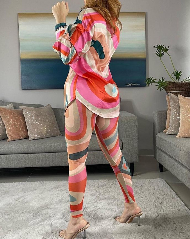 Dvodijelni kompleti Ženska odjeća Jesenska moda Košulja dugih rukava s otvorenim ovratnikom s apstraktnim printom i ležerni komplet dugih dnevnih hlača