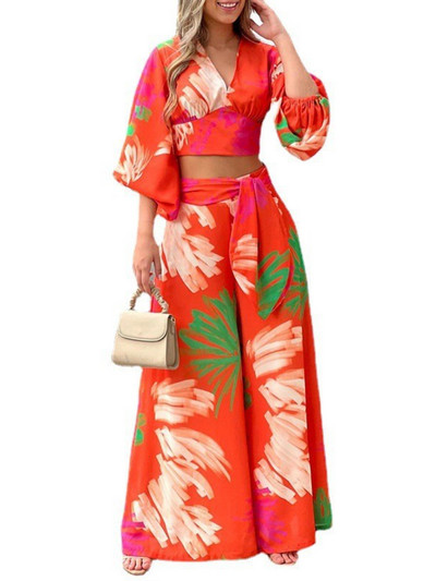 Nova modna kratka košulja s lanternastim rukavima s V-izrezom i širokim nogavicama s visokim strukom Dvodijelni kompleti Ženska odjeća