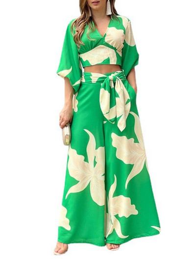 Nova modna kratka košulja s lanternastim rukavima s V-izrezom i širokim nogavicama s visokim strukom Dvodijelni kompleti Ženska odjeća