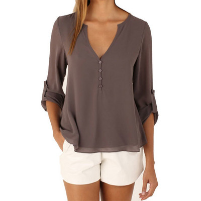 Dámske jednofarebné blúzky s výstrihom do V, vintage jarné a jesenné tričko, oblečenie na voľný čas, šifónová blúzka s vyhrnutými rukávmi, blúzky, blúzky