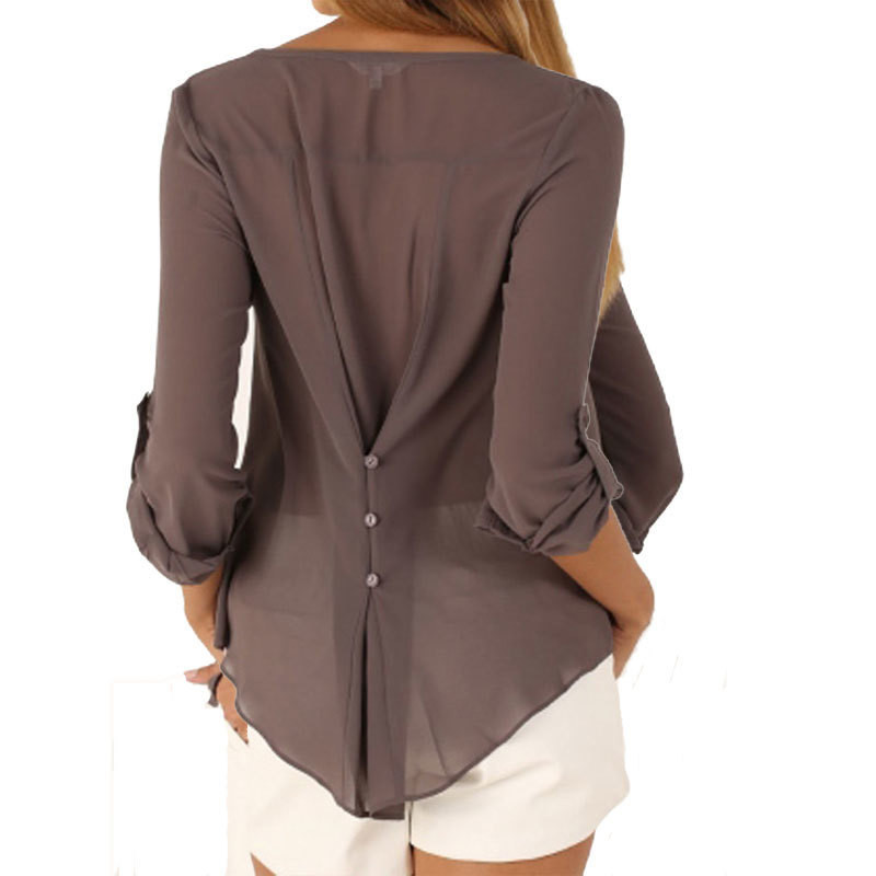 Dámske jednofarebné blúzky s výstrihom do V, vintage jarné a jesenné tričko, oblečenie na voľný čas, šifónová blúzka s vyhrnutými rukávmi, blúzky, blúzky