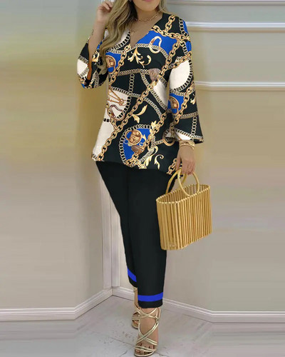 Dvodijelni komplet ženski ljetni opušteni dvodijelni komplet Ženska ležerna majica s širokim rukavima s V-izrezom i nepravilnim hlačama