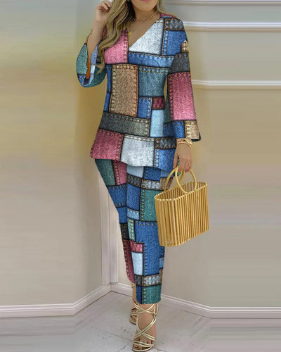 Dvodijelni komplet ženski ljetni opušteni dvodijelni komplet Ženska ležerna majica s širokim rukavima s V-izrezom i nepravilnim hlačama