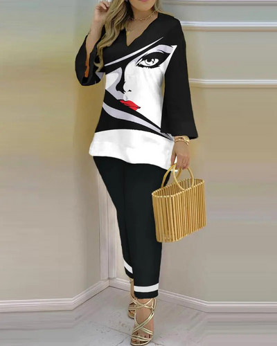 Dvodijelni komplet ženski ljetni opušteni dvodijelni komplet Ženska ležerna majica s širokim rukavima s V-izrezom i nepravilnim hlačama