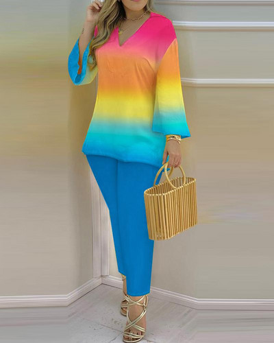 Dvodijelni komplet ženski ljetni opušteni dvodijelni komplet Ženska ležerna majica s širokim rukavima s V-izrezom i nepravilnim hlačama