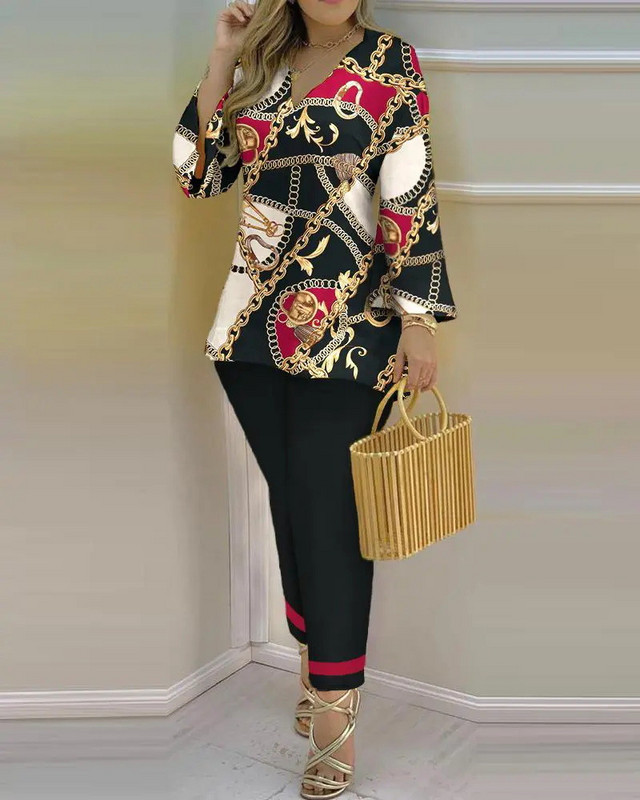 Dvodijelni komplet ženski ljetni opušteni dvodijelni komplet Ženska ležerna majica s širokim rukavima s V-izrezom i nepravilnim hlačama