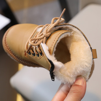 Модни есенно-зимни ботуши за деца, момичета, момчета, плътни ботуши за сняг от PU кожа Дебели топли плюшени ежедневни обувки за деца