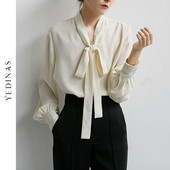 Yedinas Cămașă elegantă cu papion în stil japonez Bluze albe cu decolteu în V Cămașă de birou solidă Cămăși cu mânecă lungă pentru femei Top vintage