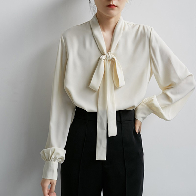 Yedinas Cămașă elegantă cu papion în stil japonez Bluze albe cu decolteu în V Cămașă de birou solidă Cămăși cu mânecă lungă pentru femei Top vintage