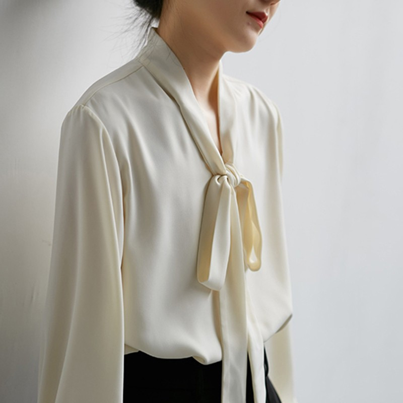 Yedinas Cămașă elegantă cu papion în stil japonez Bluze albe cu decolteu în V Cămașă de birou solidă Cămăși cu mânecă lungă pentru femei Top vintage