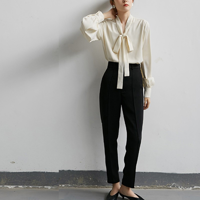 Yedinas Cămașă elegantă cu papion în stil japonez Bluze albe cu decolteu în V Cămașă de birou solidă Cămăși cu mânecă lungă pentru femei Top vintage