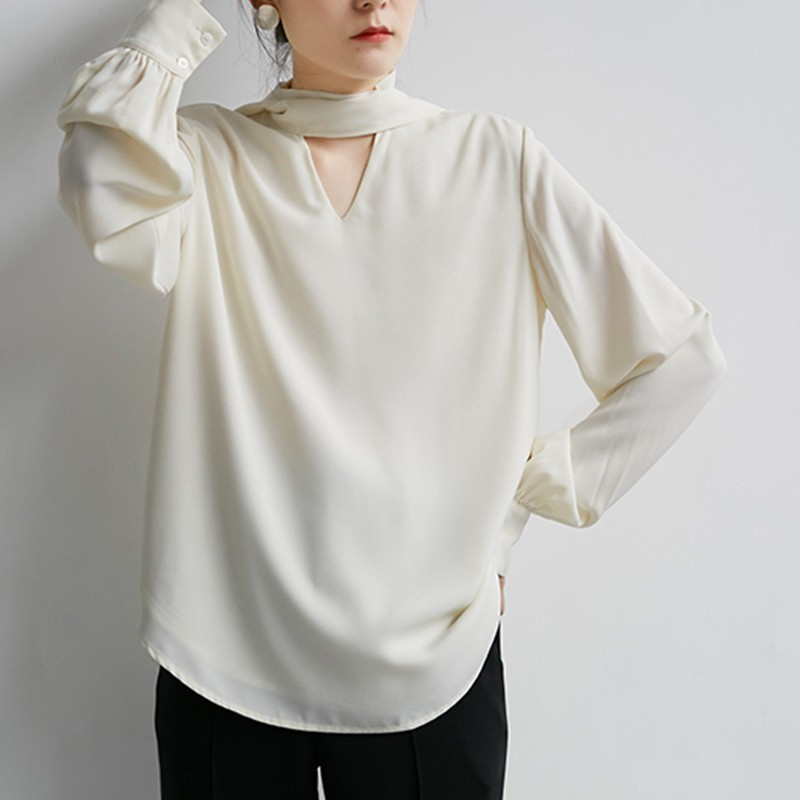 Yedinas Cămașă elegantă cu papion în stil japonez Bluze albe cu decolteu în V Cămașă de birou solidă Cămăși cu mânecă lungă pentru femei Top vintage