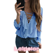 Bluză sexy din șifon cu volan Blusas Mujer Topuri pentru femei cu dantelă cu decolteu în V Bluză albă cu mânecă lungă cu bretele Bluze casual pentru damă Cămașă