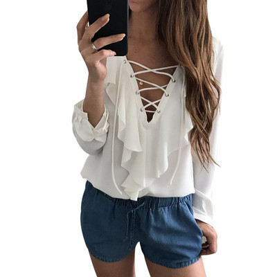 Bluză sexy din șifon cu volan Blusas Mujer Topuri pentru femei cu dantelă cu decolteu în V Bluză albă cu mânecă lungă cu bretele Bluze casual pentru damă Cămașă