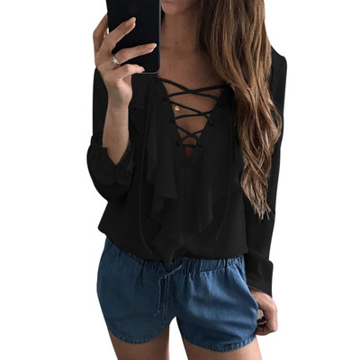Bluză sexy din șifon cu volan Blusas Mujer Topuri pentru femei cu dantelă cu decolteu în V Bluză albă cu mânecă lungă cu bretele Bluze casual pentru damă Cămașă