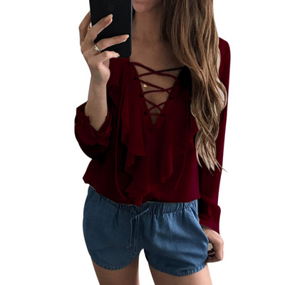 Bluză sexy din șifon cu volan Blusas Mujer Topuri pentru femei cu dantelă cu decolteu în V Bluză albă cu mânecă lungă cu bretele Bluze casual pentru damă Cămașă