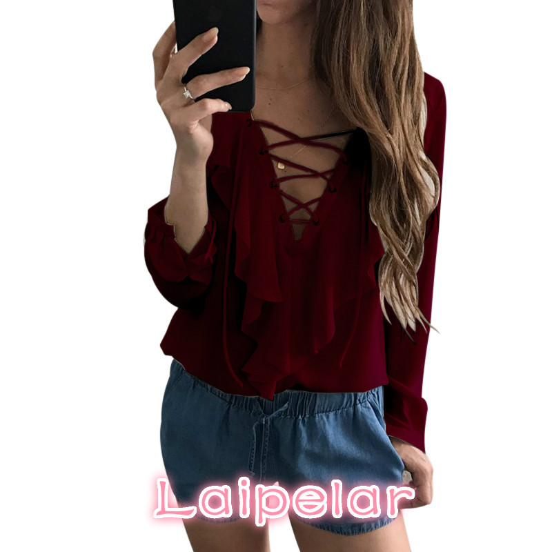 Seksi šifonska bluza s volanima Blusas Mujer Ženske majice s vezanim V izrezom, bijela bluza s remenima dugih rukava Ležerna ženska majica s majicama