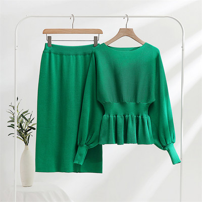 Kaheosaline kootud seelikukomplekt Naistele Kootud 2osaline seelik ja top komplekt Must valge Roosa Roheline pikkade varrukatega kleidid Sobiv komplekt Naistele