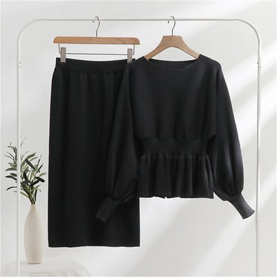 Kaheosaline kootud seelikukomplekt Naistele Kootud 2osaline seelik ja top komplekt Must valge Roosa Roheline pikkade varrukatega kleidid Sobiv komplekt Naistele