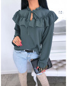 Noua moda femeilor doamne de culoare solida cu volane gat sifon bluza bandaj cravata camasa cu maneca lunga top plus size